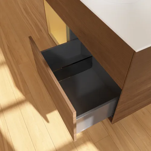 Bild von VILLEROY BOCH Finion Waschbeckenunterschrank, mit Beleuchtung, 2 Auszüge, 1000 x 603 x 501 mm, Walnut Veneer / Gold Matt Lacquer / Glass White Matt #FA11HFGN