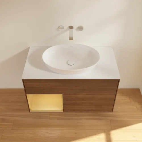 Bild von VILLEROY BOCH Finion Waschbeckenunterschrank, mit Beleuchtung, 2 Auszüge, 1000 x 603 x 501 mm, Walnut Veneer / Gold Matt Lacquer / Glass White Matt #FA11HFGN