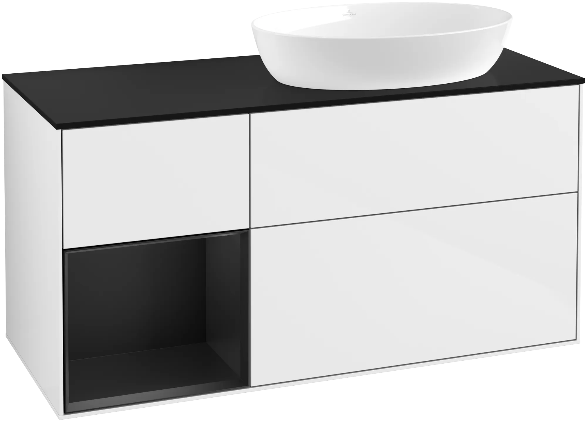 Picture of VILLEROY BOCH Finion Vanity unit, with lighting, 3 pull-out compartments, 1200 x 603 x 501 mm, Glossy White Lacquer / Black Matt Lacquer / Glass Black Matt #FA42PDGF