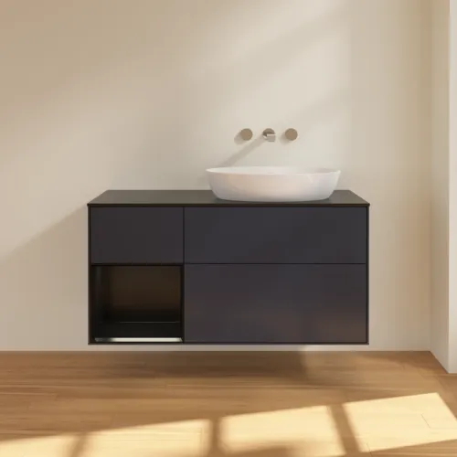 Bild von VILLEROY BOCH Finion Waschbeckenunterschrank, mit Beleuchtung, 3 Auszüge, 1200 x 603 x 501 mm, Midnight Blue Matt Lacquer / Black Matt Lacquer / Glass Black Matt #FA42PDHG