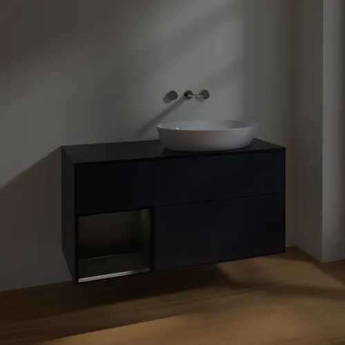 Bild von VILLEROY BOCH Finion Waschbeckenunterschrank, mit Beleuchtung, 3 Auszüge, 1200 x 603 x 501 mm, Midnight Blue Matt Lacquer / Black Matt Lacquer / Glass Black Matt #FA42PDHG
