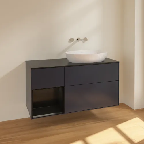 Bild von VILLEROY BOCH Finion Waschbeckenunterschrank, mit Beleuchtung, 3 Auszüge, 1200 x 603 x 501 mm, Midnight Blue Matt Lacquer / Black Matt Lacquer / Glass Black Matt #FA42PDHG