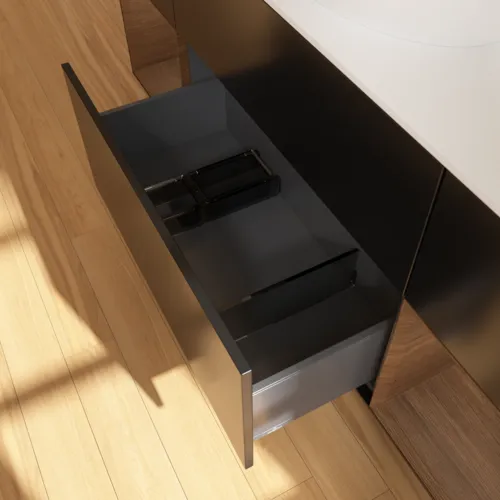 Bild von VILLEROY BOCH Finion Waschbeckenunterschrank, mit Beleuchtung, 4 Auszüge, 1600 x 603 x 501 mm, Black Matt Lacquer / Walnut Veneer / Glass White Matt #F981GNPD
