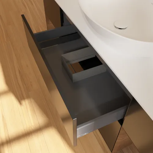 Bild von VILLEROY BOCH Finion Waschbeckenunterschrank, mit Beleuchtung, 4 Auszüge, 1600 x 603 x 501 mm, Black Matt Lacquer / Walnut Veneer / Glass White Matt #F981GNPD