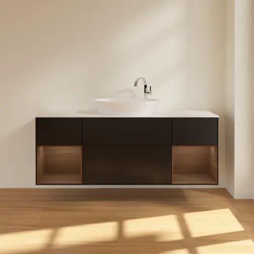 Bild von VILLEROY BOCH Finion Waschbeckenunterschrank, mit Beleuchtung, 4 Auszüge, 1600 x 603 x 501 mm, Black Matt Lacquer / Walnut Veneer / Glass White Matt #F981GNPD