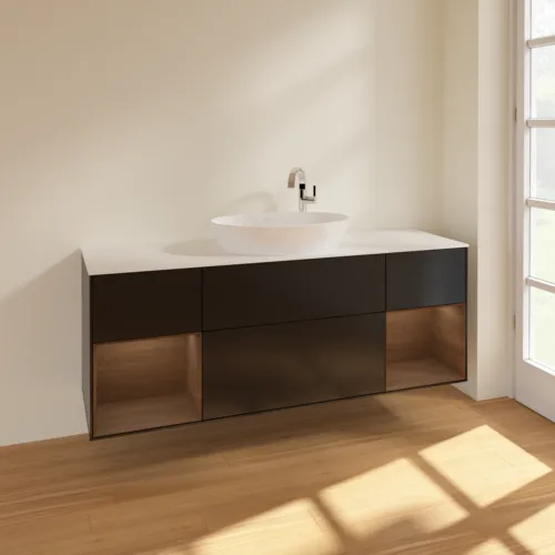 Bild von VILLEROY BOCH Finion Waschbeckenunterschrank, mit Beleuchtung, 4 Auszüge, 1600 x 603 x 501 mm, Black Matt Lacquer / Walnut Veneer / Glass White Matt #F981GNPD
