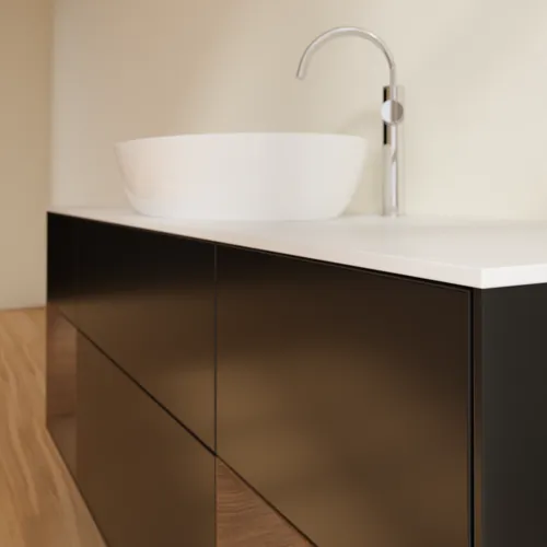 Bild von VILLEROY BOCH Finion Waschbeckenunterschrank, mit Beleuchtung, 4 Auszüge, 1600 x 603 x 501 mm, Black Matt Lacquer / Walnut Veneer / Glass White Matt #F981GNPD