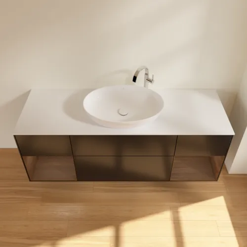 Bild von VILLEROY BOCH Finion Waschbeckenunterschrank, mit Beleuchtung, 4 Auszüge, 1600 x 603 x 501 mm, Black Matt Lacquer / Walnut Veneer / Glass White Matt #F981GNPD