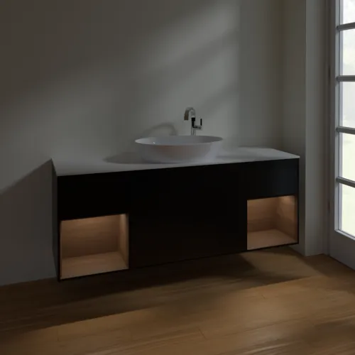 Bild von VILLEROY BOCH Finion Waschbeckenunterschrank, mit Beleuchtung, 4 Auszüge, 1600 x 603 x 501 mm, Black Matt Lacquer / Walnut Veneer / Glass White Matt #F981GNPD