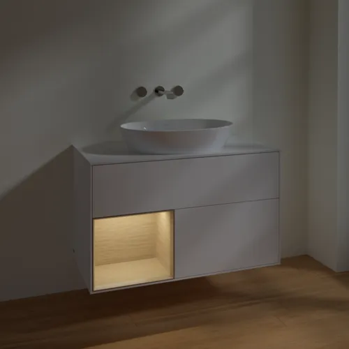 VILLEROY BOCH Finion Waschbeckenunterschrank, mit Beleuchtung, 2 Auszüge, 1000 x 603 x 501 mm, White Matt Lacquer / Oak Veneer / Glass White Matt #FA11PCMT, Bild 5