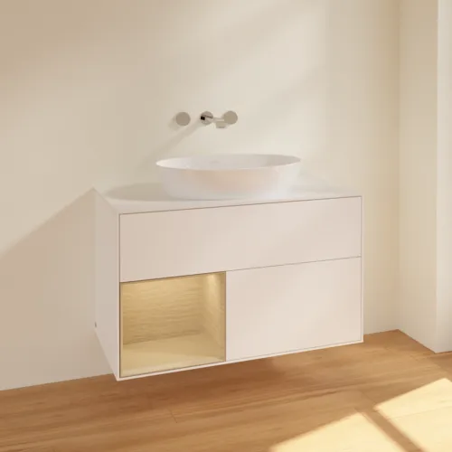 VILLEROY BOCH Finion Waschbeckenunterschrank, mit Beleuchtung, 2 Auszüge, 1000 x 603 x 501 mm, White Matt Lacquer / Oak Veneer / Glass White Matt #FA11PCMT, Bild 2