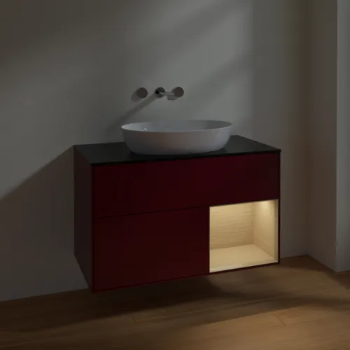 VILLEROY BOCH Finion Waschbeckenunterschrank, mit Beleuchtung, 2 Auszüge, 1000 x 603 x 501 mm, Peony Matt Lacquer / Oak Veneer / Glass Black Matt #FA22PCHB, Bild 5