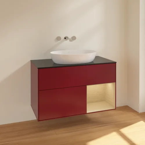 VILLEROY BOCH Finion Waschbeckenunterschrank, mit Beleuchtung, 2 Auszüge, 1000 x 603 x 501 mm, Peony Matt Lacquer / Oak Veneer / Glass Black Matt #FA22PCHB, Bild 2