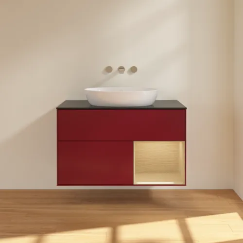 VILLEROY BOCH Finion Waschbeckenunterschrank, mit Beleuchtung, 2 Auszüge, 1000 x 603 x 501 mm, Peony Matt Lacquer / Oak Veneer / Glass Black Matt #FA22PCHB, Bild 3
