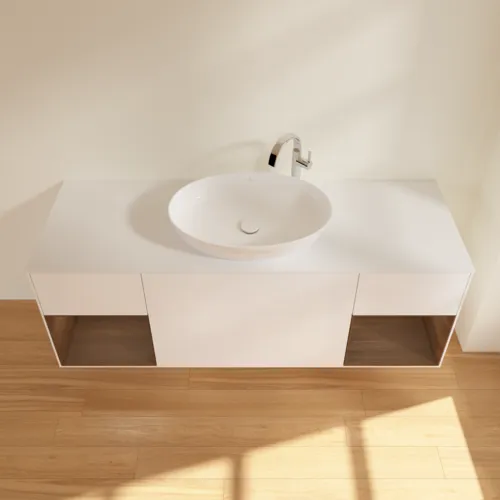 Bild von VILLEROY BOCH Finion Waschbeckenunterschrank, mit Beleuchtung, 4 Auszüge, 1600 x 603 x 501 mm, White Matt Lacquer / Walnut Veneer / Glass White Matt #F981GNMT