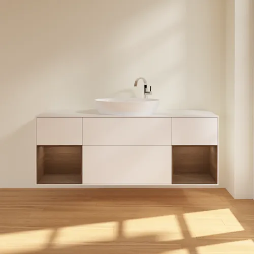 Bild von VILLEROY BOCH Finion Waschbeckenunterschrank, mit Beleuchtung, 4 Auszüge, 1600 x 603 x 501 mm, White Matt Lacquer / Walnut Veneer / Glass White Matt #F981GNMT