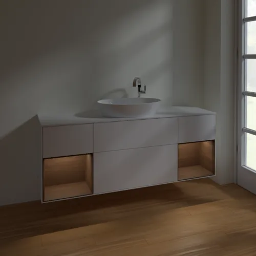Bild von VILLEROY BOCH Finion Waschbeckenunterschrank, mit Beleuchtung, 4 Auszüge, 1600 x 603 x 501 mm, White Matt Lacquer / Walnut Veneer / Glass White Matt #F981GNMT