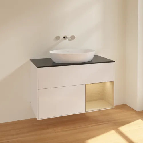 Bild von VILLEROY BOCH Finion Waschbeckenunterschrank, mit Beleuchtung, 2 Auszüge, 1000 x 603 x 501 mm, Glossy White Lacquer / Oak Veneer / Glass Black Matt #FA22PCGF