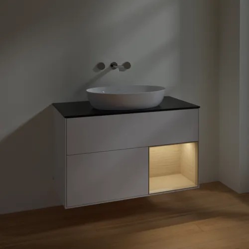 Bild von VILLEROY BOCH Finion Waschbeckenunterschrank, mit Beleuchtung, 2 Auszüge, 1000 x 603 x 501 mm, Glossy White Lacquer / Oak Veneer / Glass Black Matt #FA22PCGF