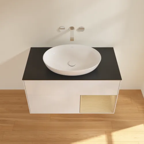 Bild von VILLEROY BOCH Finion Waschbeckenunterschrank, mit Beleuchtung, 2 Auszüge, 1000 x 603 x 501 mm, Glossy White Lacquer / Oak Veneer / Glass Black Matt #FA22PCGF