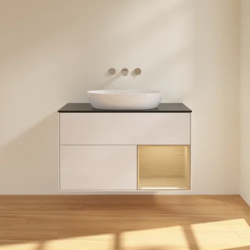 Bild von VILLEROY BOCH Finion Waschbeckenunterschrank, mit Beleuchtung, 2 Auszüge, 1000 x 603 x 501 mm, Glossy White Lacquer / Oak Veneer / Glass Black Matt #FA22PCGF
