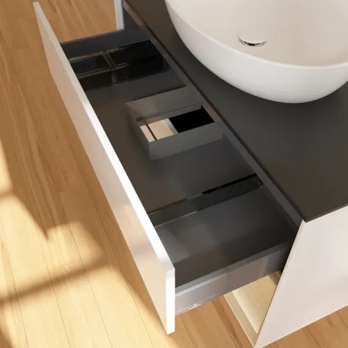 Bild von VILLEROY BOCH Finion Waschbeckenunterschrank, mit Beleuchtung, 2 Auszüge, 1000 x 603 x 501 mm, Glossy White Lacquer / Oak Veneer / Glass Black Matt #FA22PCGF