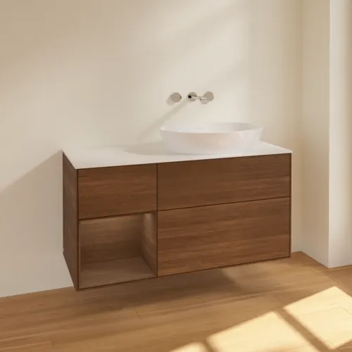 Bild von VILLEROY BOCH Finion Waschbeckenunterschrank, mit Beleuchtung, 3 Auszüge, 1200 x 603 x 501 mm, Walnut Veneer / Walnut Veneer / Glass White Matt #FA41GNGN