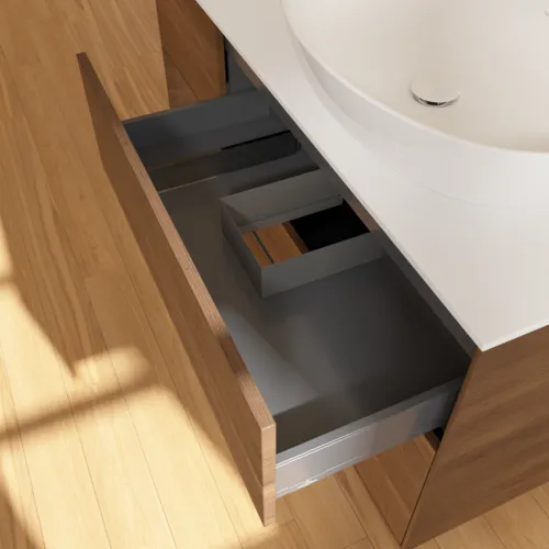 Bild von VILLEROY BOCH Finion Waschbeckenunterschrank, mit Beleuchtung, 3 Auszüge, 1200 x 603 x 501 mm, Walnut Veneer / Walnut Veneer / Glass White Matt #FA41GNGN