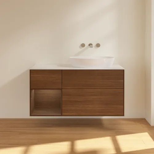 Bild von VILLEROY BOCH Finion Waschbeckenunterschrank, mit Beleuchtung, 3 Auszüge, 1200 x 603 x 501 mm, Walnut Veneer / Walnut Veneer / Glass White Matt #FA41GNGN