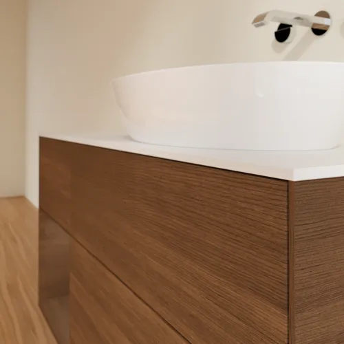 Bild von VILLEROY BOCH Finion Waschbeckenunterschrank, mit Beleuchtung, 3 Auszüge, 1200 x 603 x 501 mm, Walnut Veneer / Walnut Veneer / Glass White Matt #FA41GNGN