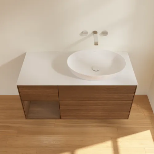 Bild von VILLEROY BOCH Finion Waschbeckenunterschrank, mit Beleuchtung, 3 Auszüge, 1200 x 603 x 501 mm, Walnut Veneer / Walnut Veneer / Glass White Matt #FA41GNGN