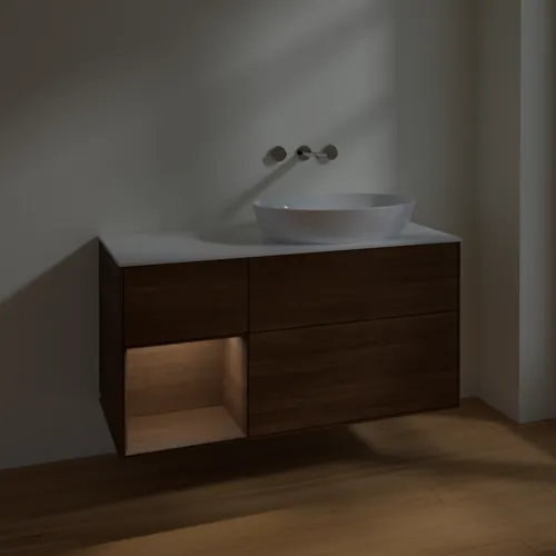 Bild von VILLEROY BOCH Finion Waschbeckenunterschrank, mit Beleuchtung, 3 Auszüge, 1200 x 603 x 501 mm, Walnut Veneer / Walnut Veneer / Glass White Matt #FA41GNGN