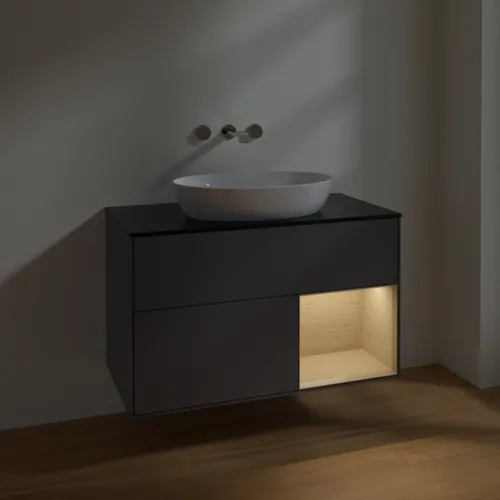 Bild von VILLEROY BOCH Finion Waschbeckenunterschrank, mit Beleuchtung, 2 Auszüge, 1000 x 603 x 501 mm, Anthracite Matt Lacquer / Oak Veneer / Glass Black Matt #FA22PCGK