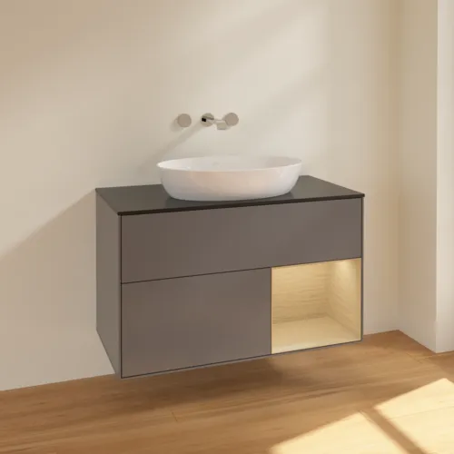 Bild von VILLEROY BOCH Finion Waschbeckenunterschrank, mit Beleuchtung, 2 Auszüge, 1000 x 603 x 501 mm, Anthracite Matt Lacquer / Oak Veneer / Glass Black Matt #FA22PCGK