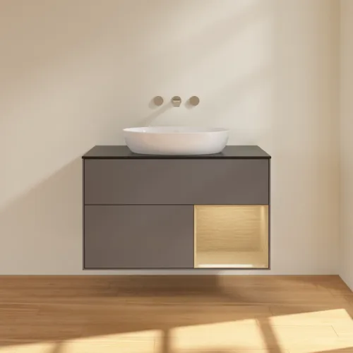 Bild von VILLEROY BOCH Finion Waschbeckenunterschrank, mit Beleuchtung, 2 Auszüge, 1000 x 603 x 501 mm, Anthracite Matt Lacquer / Oak Veneer / Glass Black Matt #FA22PCGK
