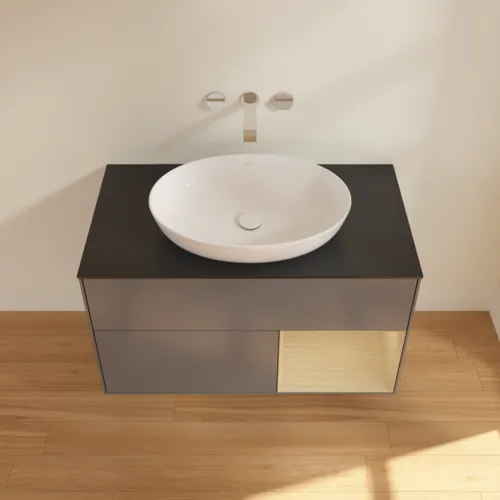 Bild von VILLEROY BOCH Finion Waschbeckenunterschrank, mit Beleuchtung, 2 Auszüge, 1000 x 603 x 501 mm, Anthracite Matt Lacquer / Oak Veneer / Glass Black Matt #FA22PCGK