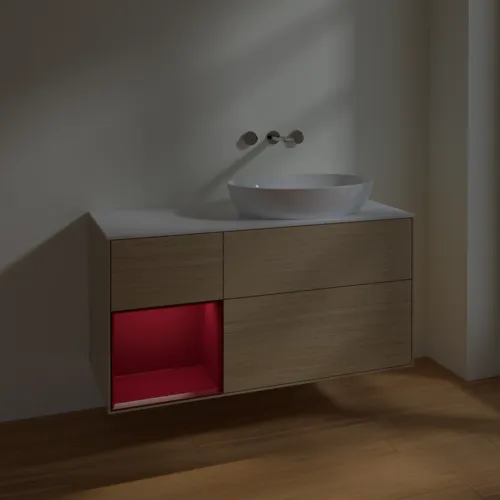Bild von VILLEROY BOCH Finion Waschbeckenunterschrank, mit Beleuchtung, 3 Auszüge, 1200 x 603 x 501 mm, Oak Veneer / Peony Matt Lacquer / Glass White Matt #FA41HBPC