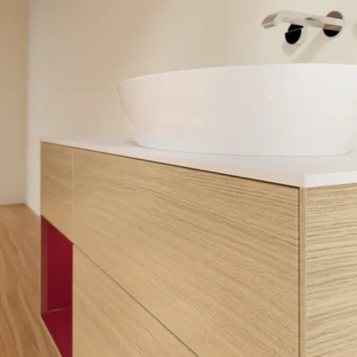 Bild von VILLEROY BOCH Finion Waschbeckenunterschrank, mit Beleuchtung, 3 Auszüge, 1200 x 603 x 501 mm, Oak Veneer / Peony Matt Lacquer / Glass White Matt #FA41HBPC