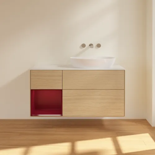 Bild von VILLEROY BOCH Finion Waschbeckenunterschrank, mit Beleuchtung, 3 Auszüge, 1200 x 603 x 501 mm, Oak Veneer / Peony Matt Lacquer / Glass White Matt #FA41HBPC
