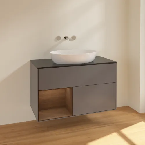 Bild von VILLEROY BOCH Finion Waschbeckenunterschrank, mit Beleuchtung, 2 Auszüge, 1000 x 603 x 501 mm, Anthracite Matt Lacquer / Walnut Veneer / Glass Black Matt #FA12GNGK
