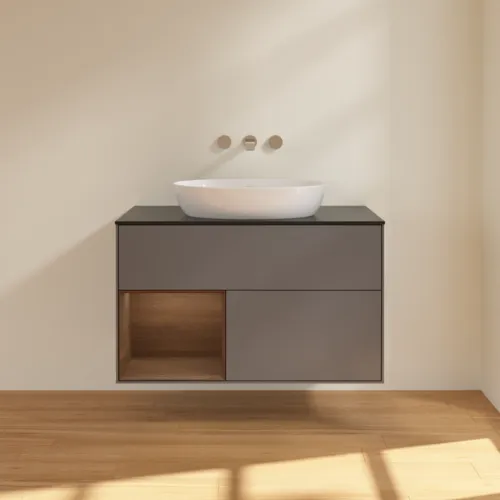 Bild von VILLEROY BOCH Finion Waschbeckenunterschrank, mit Beleuchtung, 2 Auszüge, 1000 x 603 x 501 mm, Anthracite Matt Lacquer / Walnut Veneer / Glass Black Matt #FA12GNGK