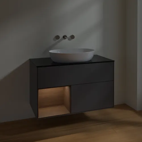 Bild von VILLEROY BOCH Finion Waschbeckenunterschrank, mit Beleuchtung, 2 Auszüge, 1000 x 603 x 501 mm, Anthracite Matt Lacquer / Walnut Veneer / Glass Black Matt #FA12GNGK