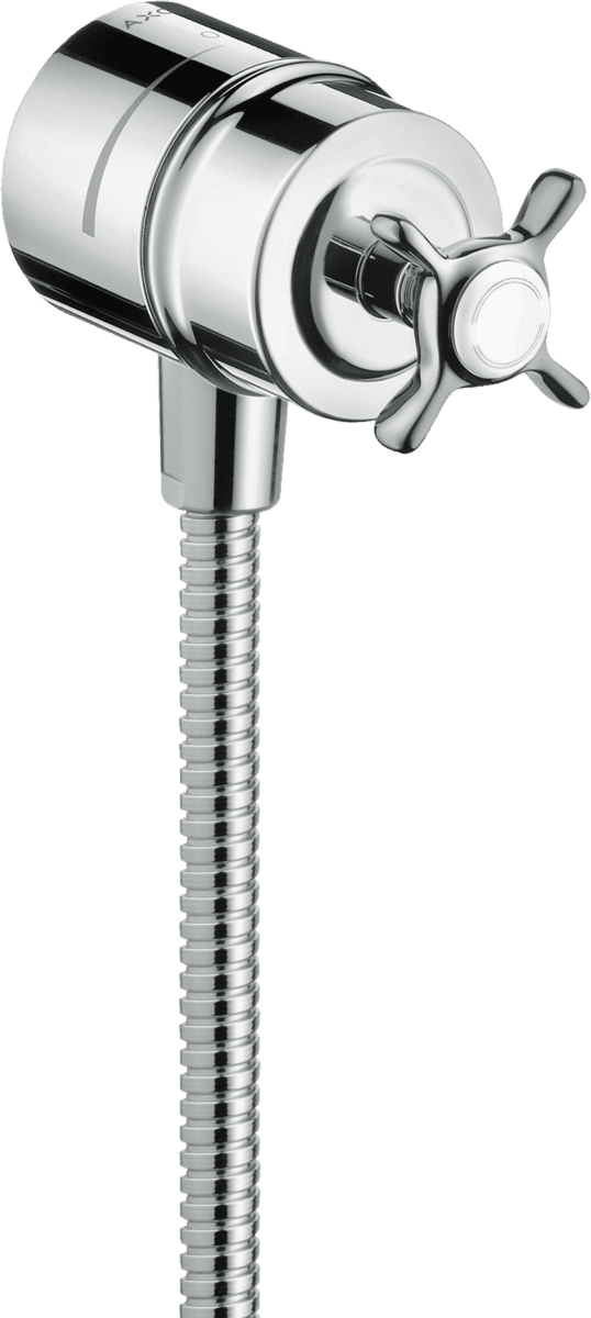 Obrázek HANSGROHE AXOR Montreux Přípojka hadice se zpětným ventilem, s uzavíracím ventilem a rukojetí ve tvaru kříže #16882000 - chrom