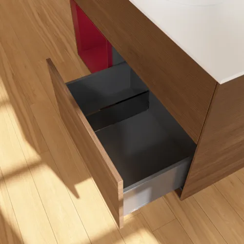 Bild von VILLEROY BOCH Finion Waschbeckenunterschrank, mit Beleuchtung, 2 Auszüge, 1000 x 603 x 501 mm, Walnut Veneer / Peony Matt Lacquer / Glass White Matt #FA11HBGN