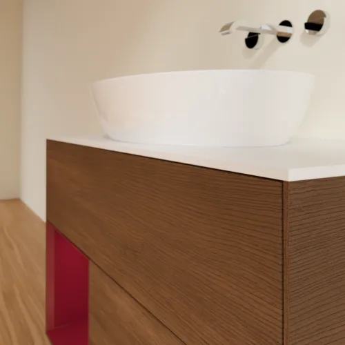 Bild von VILLEROY BOCH Finion Waschbeckenunterschrank, mit Beleuchtung, 2 Auszüge, 1000 x 603 x 501 mm, Walnut Veneer / Peony Matt Lacquer / Glass White Matt #FA11HBGN