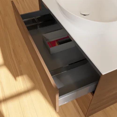 Bild von VILLEROY BOCH Finion Waschbeckenunterschrank, mit Beleuchtung, 2 Auszüge, 1000 x 603 x 501 mm, Walnut Veneer / Peony Matt Lacquer / Glass White Matt #FA11HBGN