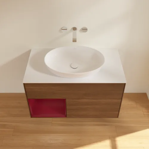 Bild von VILLEROY BOCH Finion Waschbeckenunterschrank, mit Beleuchtung, 2 Auszüge, 1000 x 603 x 501 mm, Walnut Veneer / Peony Matt Lacquer / Glass White Matt #FA11HBGN