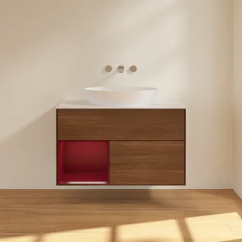 Bild von VILLEROY BOCH Finion Waschbeckenunterschrank, mit Beleuchtung, 2 Auszüge, 1000 x 603 x 501 mm, Walnut Veneer / Peony Matt Lacquer / Glass White Matt #FA11HBGN