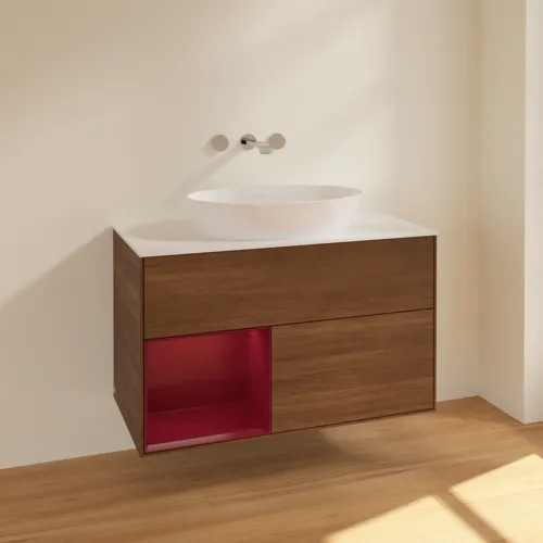 Bild von VILLEROY BOCH Finion Waschbeckenunterschrank, mit Beleuchtung, 2 Auszüge, 1000 x 603 x 501 mm, Walnut Veneer / Peony Matt Lacquer / Glass White Matt #FA11HBGN