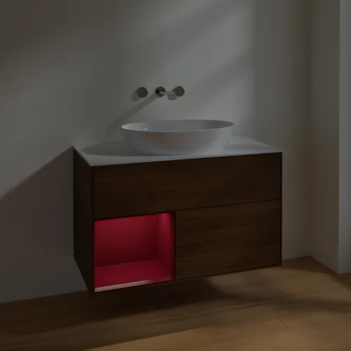 Bild von VILLEROY BOCH Finion Waschbeckenunterschrank, mit Beleuchtung, 2 Auszüge, 1000 x 603 x 501 mm, Walnut Veneer / Peony Matt Lacquer / Glass White Matt #FA11HBGN